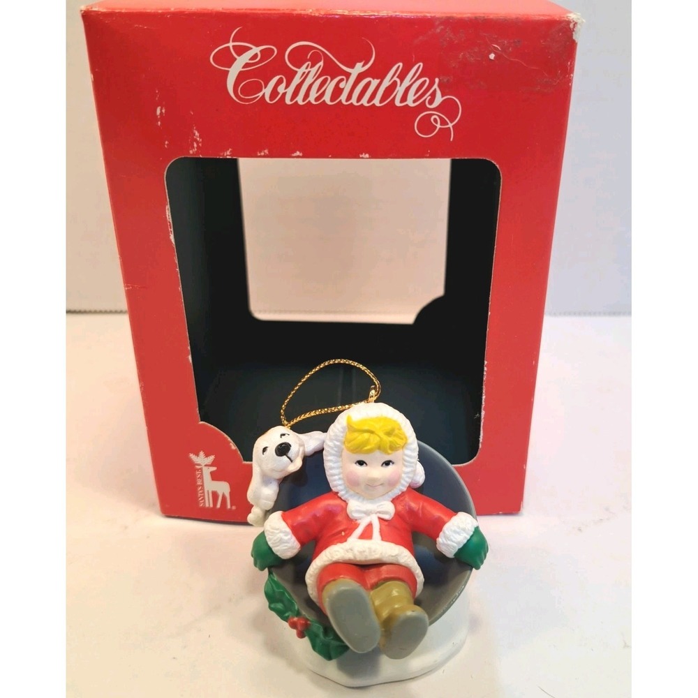 Collectables Vintage 1991 Child And Puppy Dog On Sled Christmas Ornament